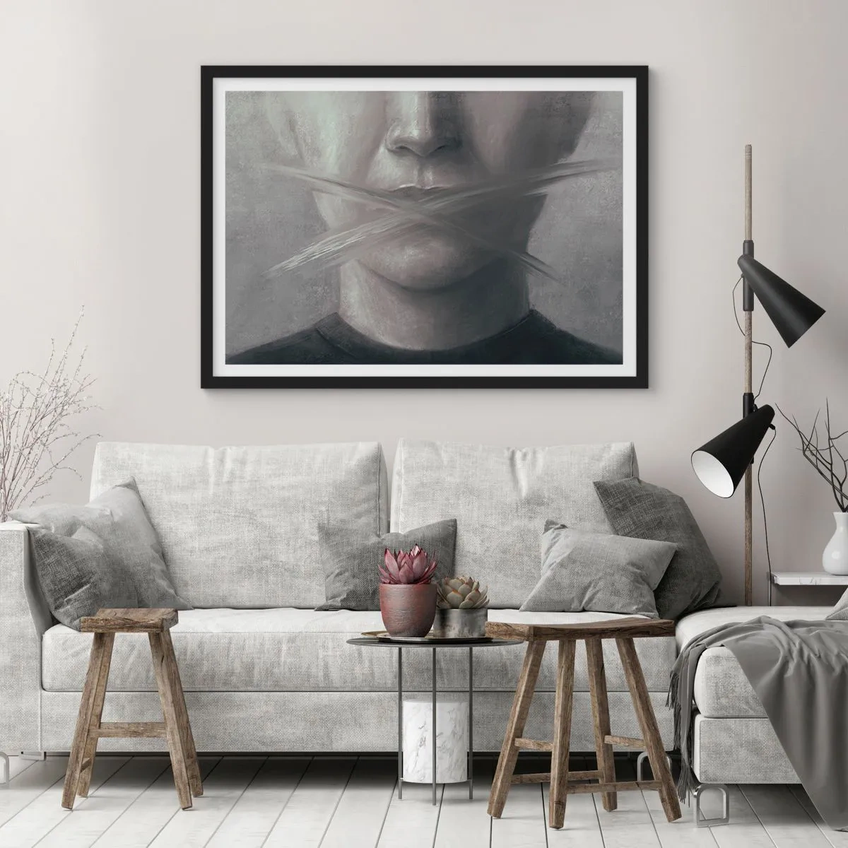 Póster en marco negro - Un retrato simbólico con labios difuminados en tonos grises. - 70x50cm - Ni una palabra - Decoración de pared moderna para salón y dormitorio ARTTOR