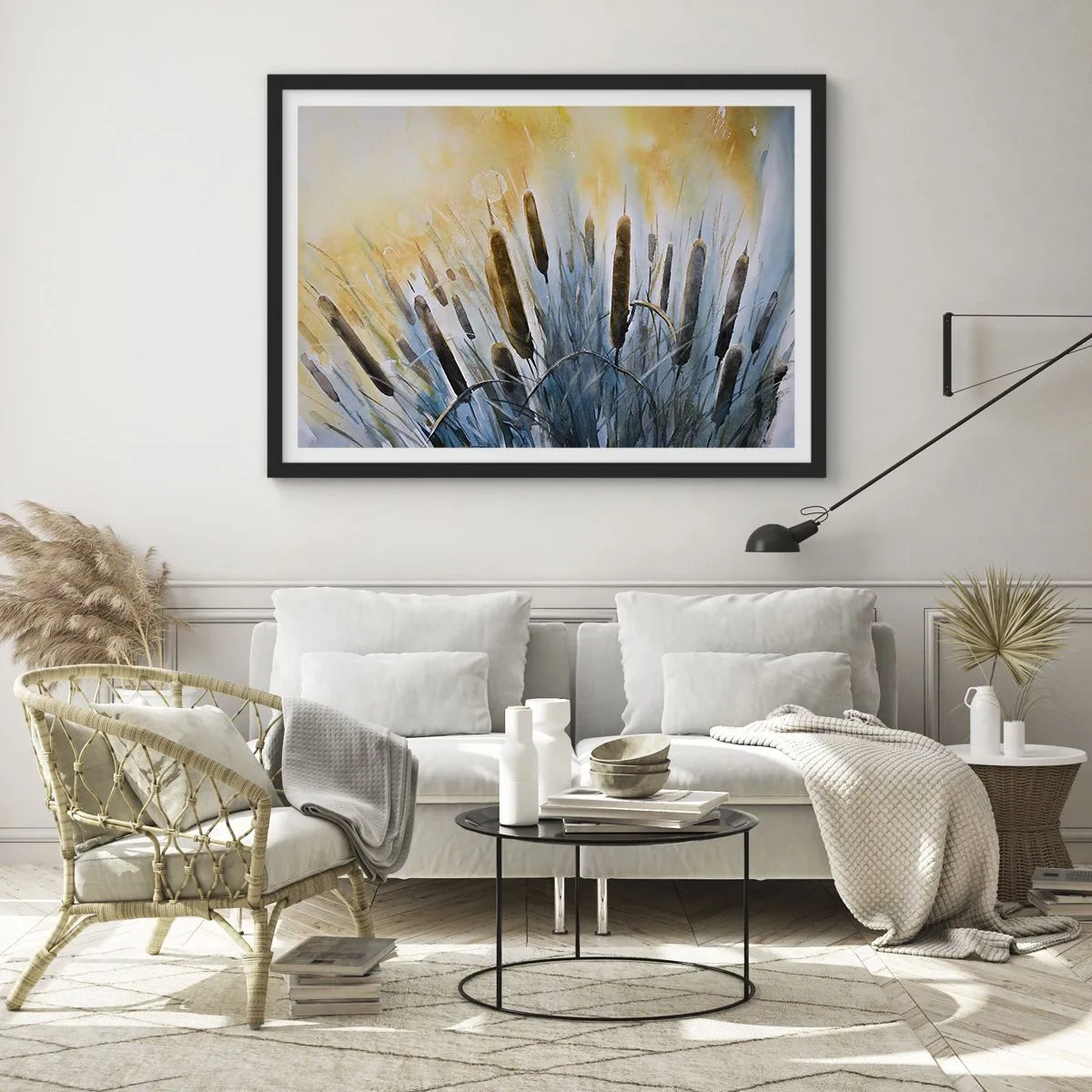 Póster en marco negro - Cañas pintorescas bajo los rayos del sol - 70x50cm - El frío del agua, el calor del sol - Decoración de pared moderna para salón y dormitorio ARTTOR