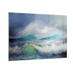 Cuadro sobre vidrio - Impresiones sobre Vidrio - Olas agitadas del océano con pájaros en un cielo nublado - 100x70cm - La fuerza del viento - Decoración de pared moderna para salón y dormitorio ARTTOR