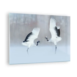 Cuadro sobre vidrio - Impresiones sobre Vidrio - Grullas danzantes con el telón de fondo de un paisaje invernal - 70x50cm - Danza en la niebla - Decoración de pared moderna para salón y dormitorio ARTTOR