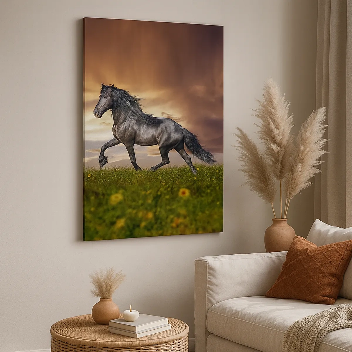 Cuadro sobre lienzo - Impresión de Imagen - Un caballo negro galopando contra el sol poniente. - 50x70cm - Príncipe negro - Decoración de pared moderna para salón y dormitorio ARTTOR