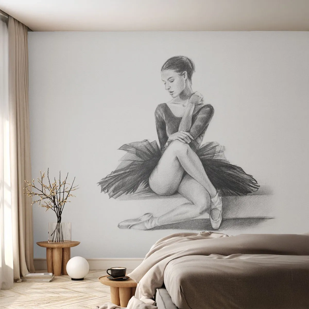 Fotomural Premium Sand - Boceto de una bailarina sentada con un tutú negro. - 100x70cm - Amante de la danza - Decoración de pared moderna para salón y dormitorio ARTTOR