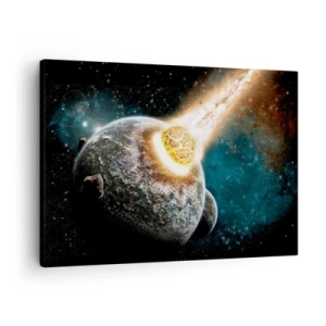 Cuadro sobre lienzo - Impresión de Imagen - Colisión cósmica de un planeta con un asteroide en las proximidades de la galaxia. - 70x50cm - ¿Condena o nacimiento? - Decoración de pared moderna para salón y dormitorio ARTTOR
