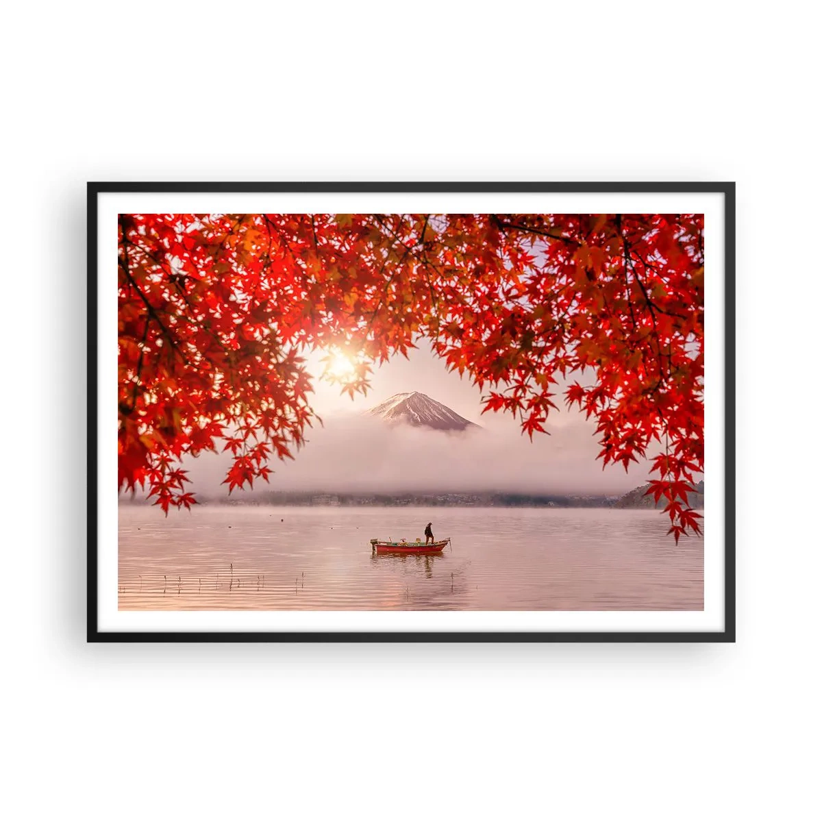 Póster en marco negro - Un barco en un lago rodeado de hojas de arce rojas. - 100x70cm - Estilo japonés - Decoración de pared moderna para salón y dormitorio ARTTOR