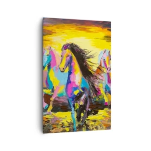Cuadro sobre lienzo - Impresión de Imagen - Caballos coloridos galopando con el sol poniente como telón de fondo - 80x120cm - Sumergido en un arco iris - Decoración de pared moderna para salón y dormitorio ARTTOR