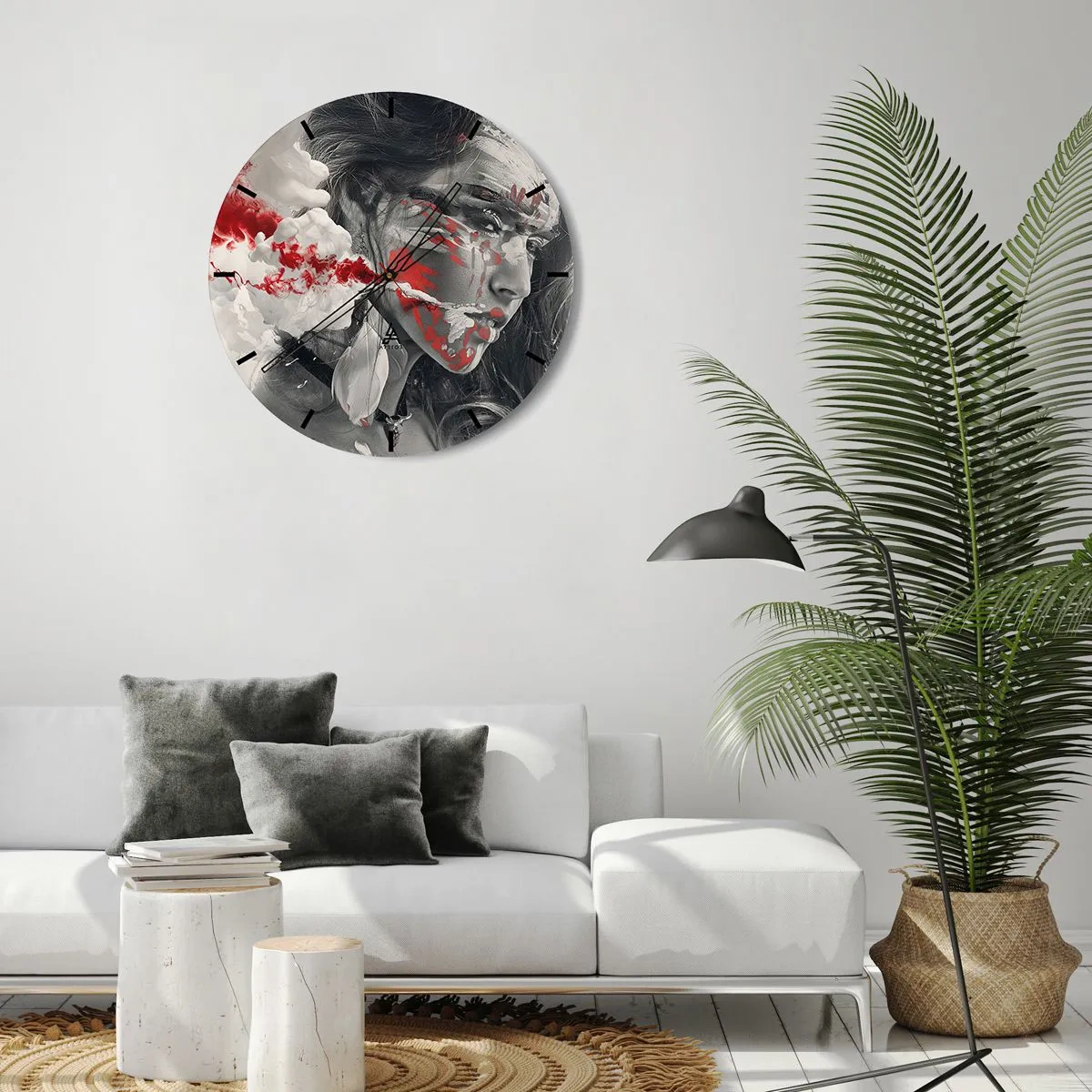 Reloj de pared - Reloj de vidrio - Un rostro de mujer con acentos abstractos en rojo y blanco. - 30x30cm - En los humos del absurdo - Decoración de pared moderna para salón, cocina y dormitorio ARTTOR