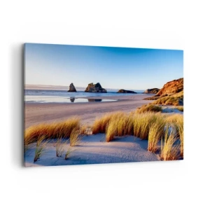 Cuadro sobre lienzo - Impresión de Imagen - Una playa pintoresca con vistas a las rocas y al mar al atardecer. - 100x70cm - Para buscadores de tranquilidad - Decoración de pared moderna para salón y dormitorio ARTTOR