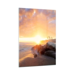 Cuadro sobre vidrio - Impresiones sobre Vidrio - Puesta de sol sobre el mar con piedras en la orilla - 50x70cm - Brisa luminosa del atardecer - Decoración de pared moderna para salón y dormitorio ARTTOR