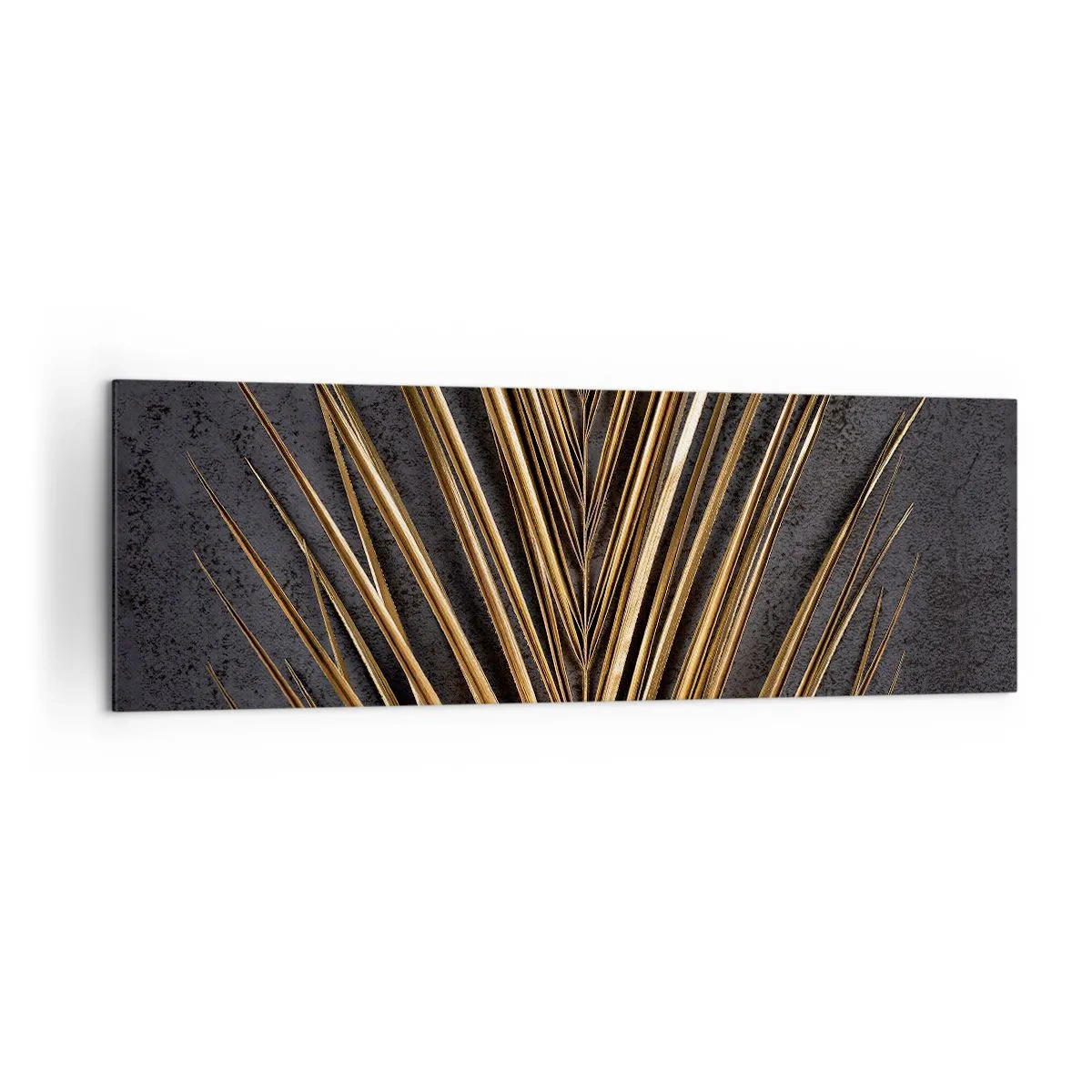 Cuadro sobre lienzo - Impresión de Imagen - Hoja tropical dorada sobre fondo negro - 160x50cm - El oro de los trópicos - Decoración de pared moderna para salón y dormitorio ARTTOR