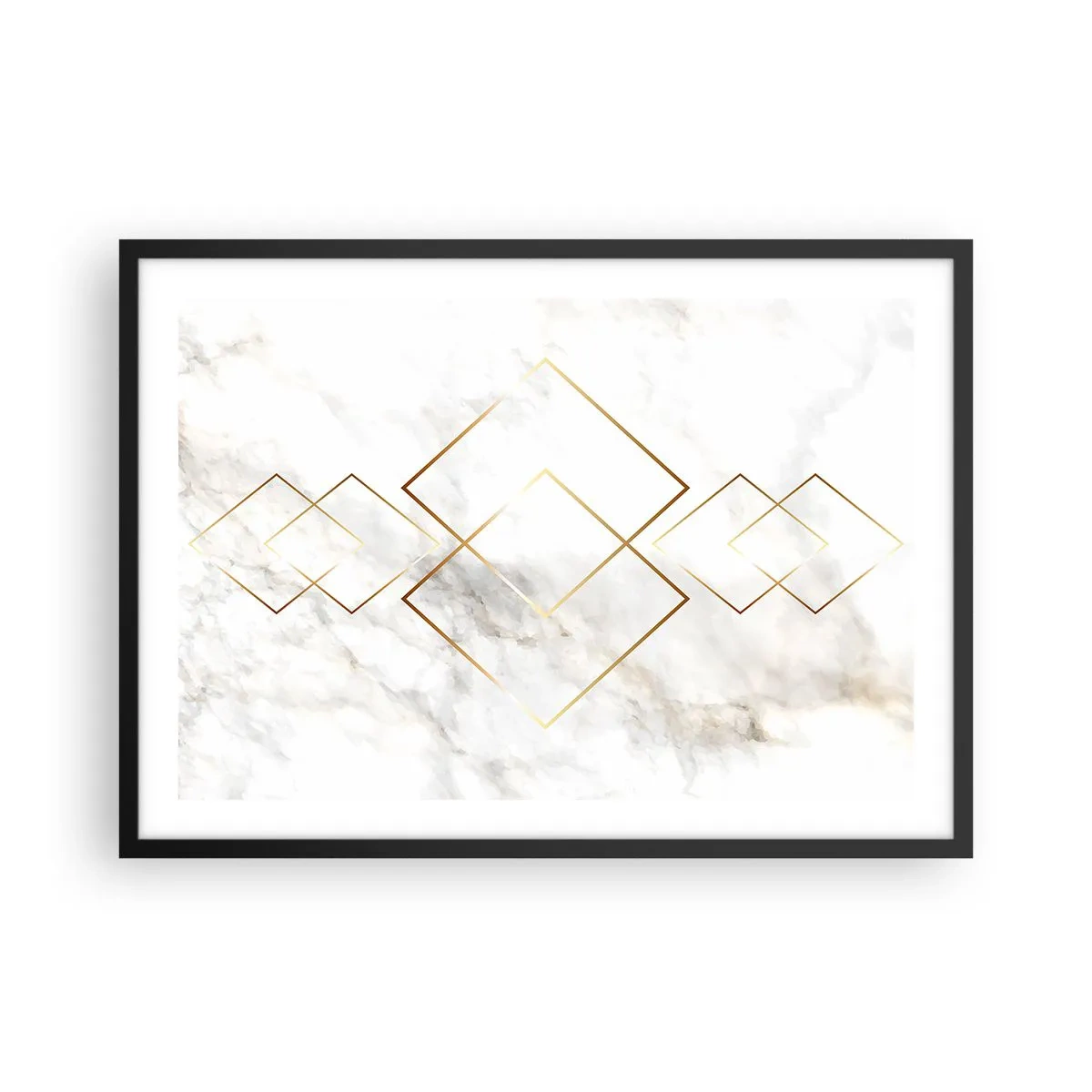 Póster en marco negro - Rombos dorados minimalistas sobre un fondo de mármol. - 70x50cm - Una vista al infinito - Decoración de pared moderna para salón y dormitorio ARTTOR