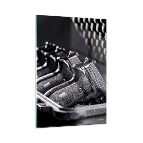 Cuadro sobre vidrio - Impresiones sobre Vidrio - Pistolas negras en un estuche sobre un fondo de espuma protectora. - 50x70cm - ¡Fuego! - Decoración de pared moderna para salón y dormitorio ARTTOR