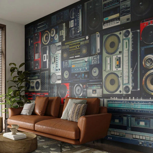 Fotomural Premium Canvas - Nostalgia de los 80. - Grabadora, Amplificador de música, Equipos musicales Vintages - 200x140 cm