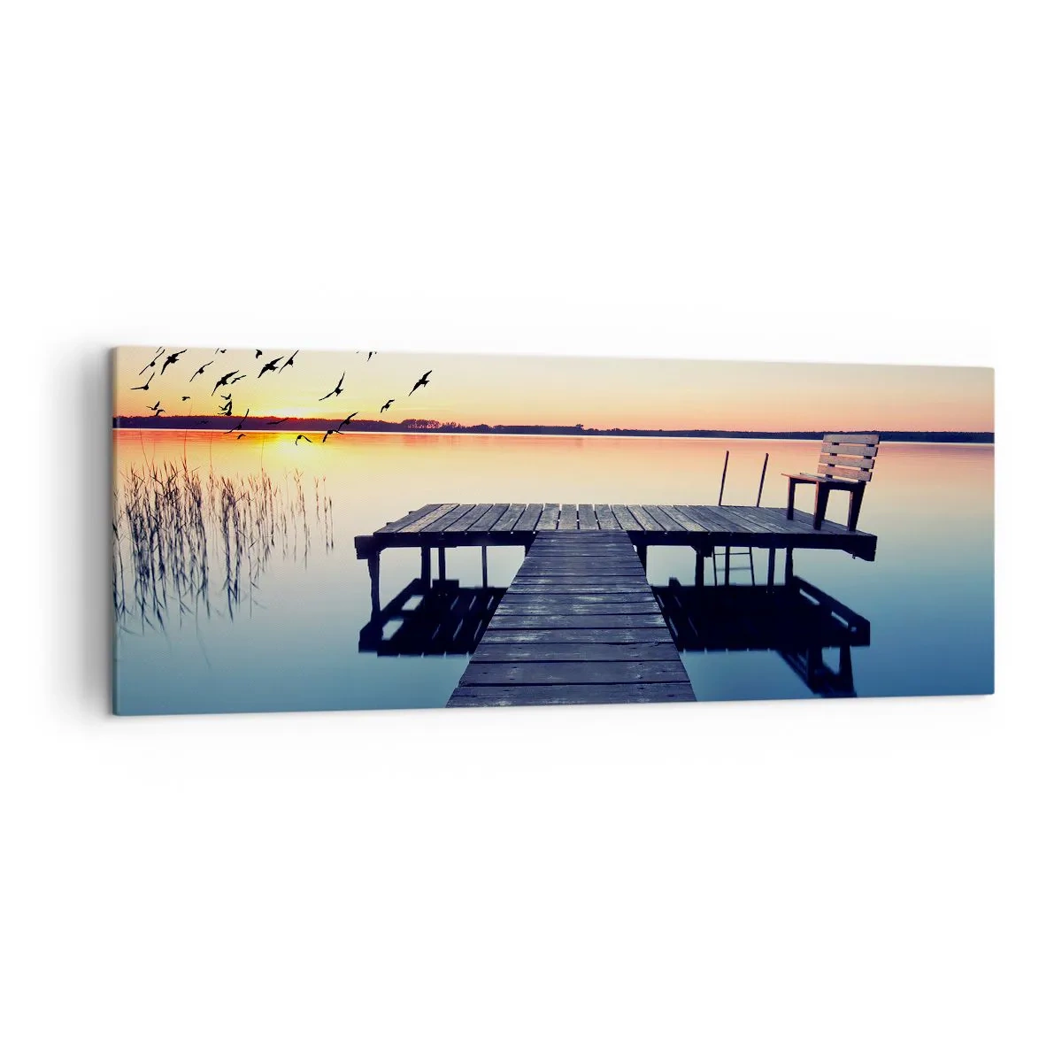 Cuadro sobre lienzo - Impresión de Imagen - Muelle de madera en un lago al amanecer con pájaros - 140x50cm - Fue un buen día - Decoración de pared moderna para salón y dormitorio ARTTOR