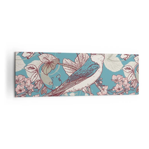Cuadro sobre lienzo - Impresión de Imagen - Un pájaro en una rama en un delicado estilo floral. - 160x50cm - En el cerezo - Decoración de pared moderna para salón y dormitorio ARTTOR