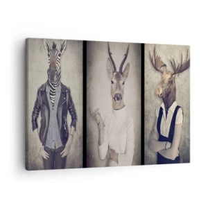 Cuadro sobre lienzo - Impresión de Imagen - Un tríptico con figuras de animales con ropa humana sobre un fondo artístico. - 70x50cm - Que los gestos hablen - Decoración de pared moderna para salón y dormitorio ARTTOR