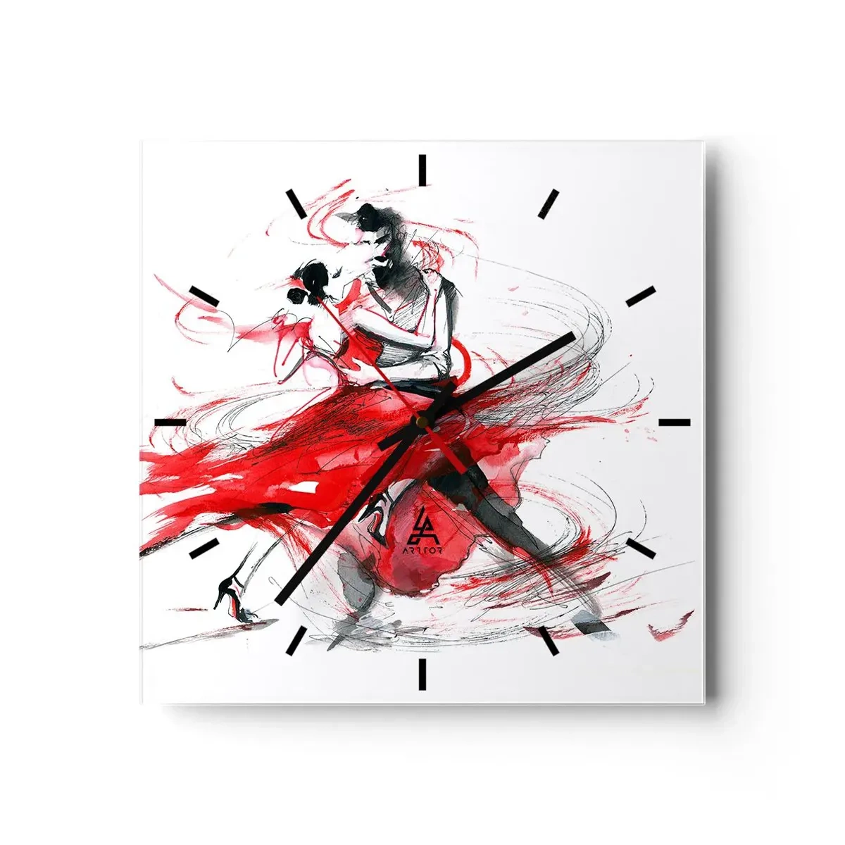 Reloj de pared - Reloj de vidrio - Bailarines en un baile dinámico con acentos rojos. - 30x30cm - El tango: el ritmo de la pasión - Decoración de pared moderna para salón y dormitorio ARTTOR