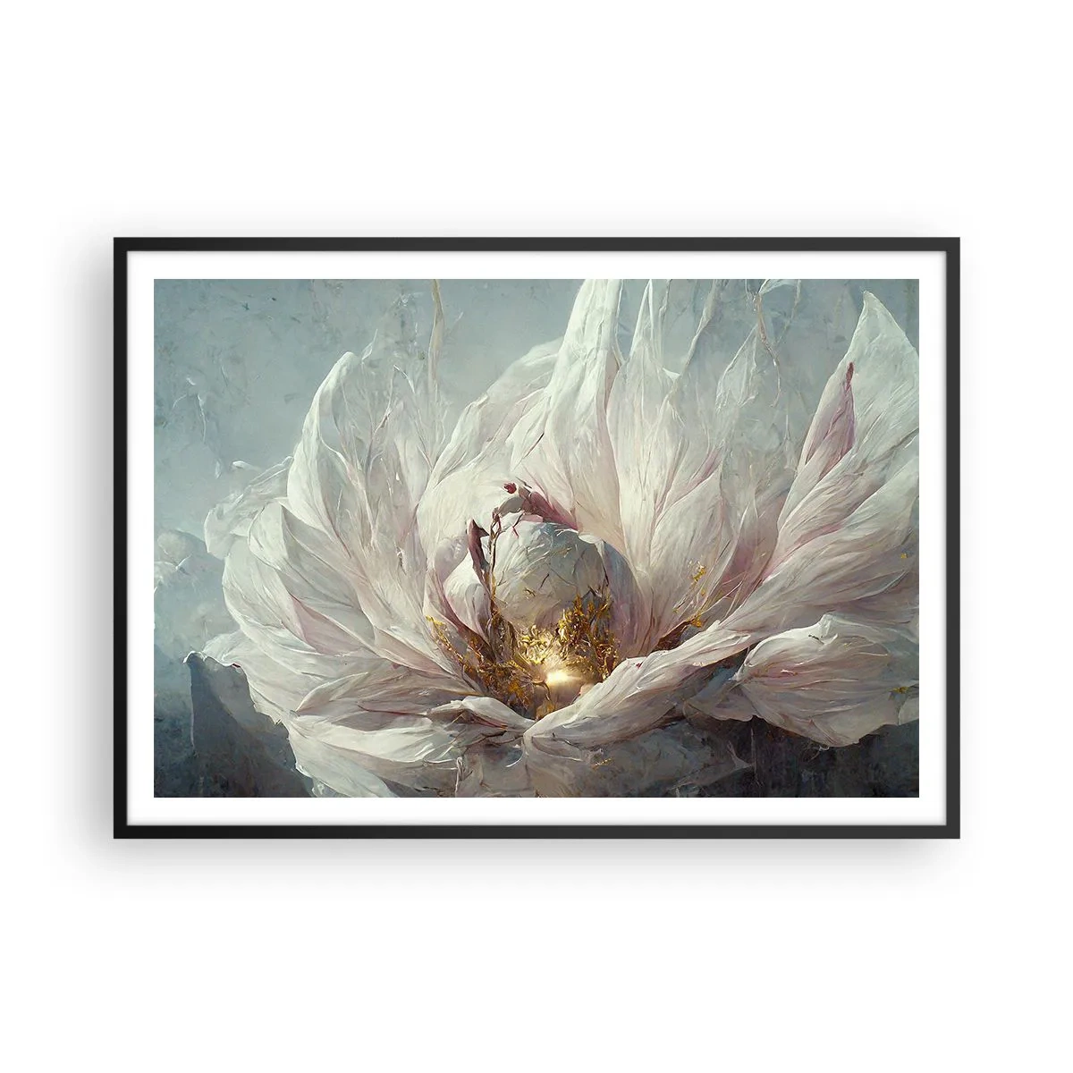 Póster en marco negro - Una delicada flor blanca con sutiles acentos dorados. - 100x70cm - Florece una vez cada cien años - Decoración de pared moderna para salón y dormitorio ARTTOR