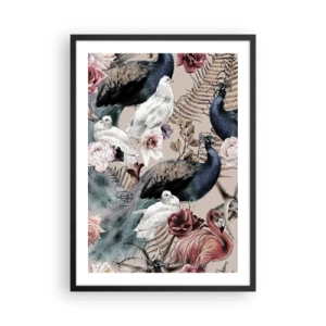 Póster en marco negro - Pájaros y flores de colores sobre un fondo beige - 50x70cm - En un jardín de palacio - Decoración de pared moderna para salón y dormitorio ARTTOR