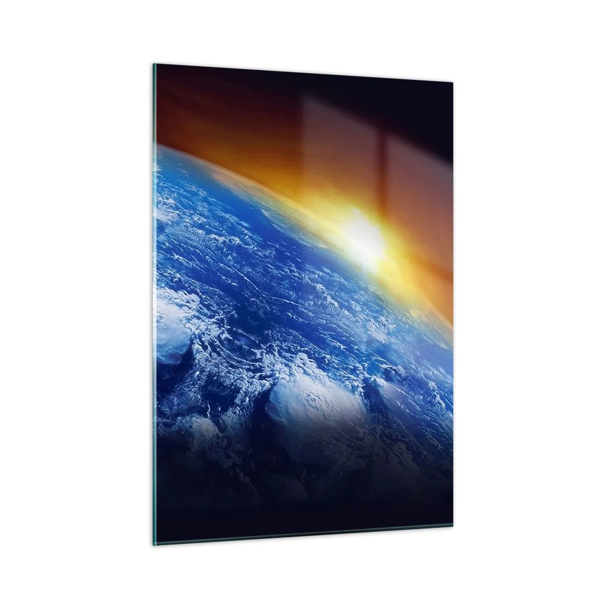 Cuadro sobre vidrio - Impresiones sobre Vidrio - La Tierra en el espacio iluminada por los rayos del sol. - 50x70cm - Amanecer en un planeta azul - Decoración de pared moderna para salón y dormitorio ARTTOR