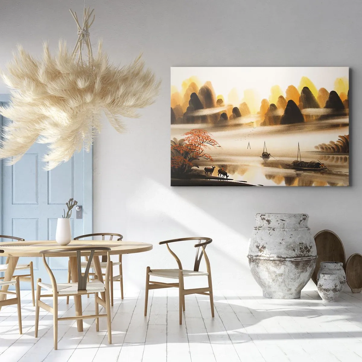 Cuadro sobre lienzo - Impresión de Imagen - Un paisaje oriental con un río, montañas y una suave niebla. - 100x70cm - Más allá del Lejano Oriente - Decoración de pared moderna para salón y dormitorio ARTTOR