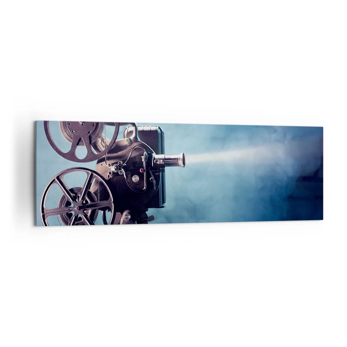 Cuadro sobre lienzo - Impresión de Imagen - Un antiguo proyector de películas que proyecta luz sobre un fondo azul. - 160x50cm - En el antiguo cine - Decoración de pared moderna para salón y dormitorio ARTTOR