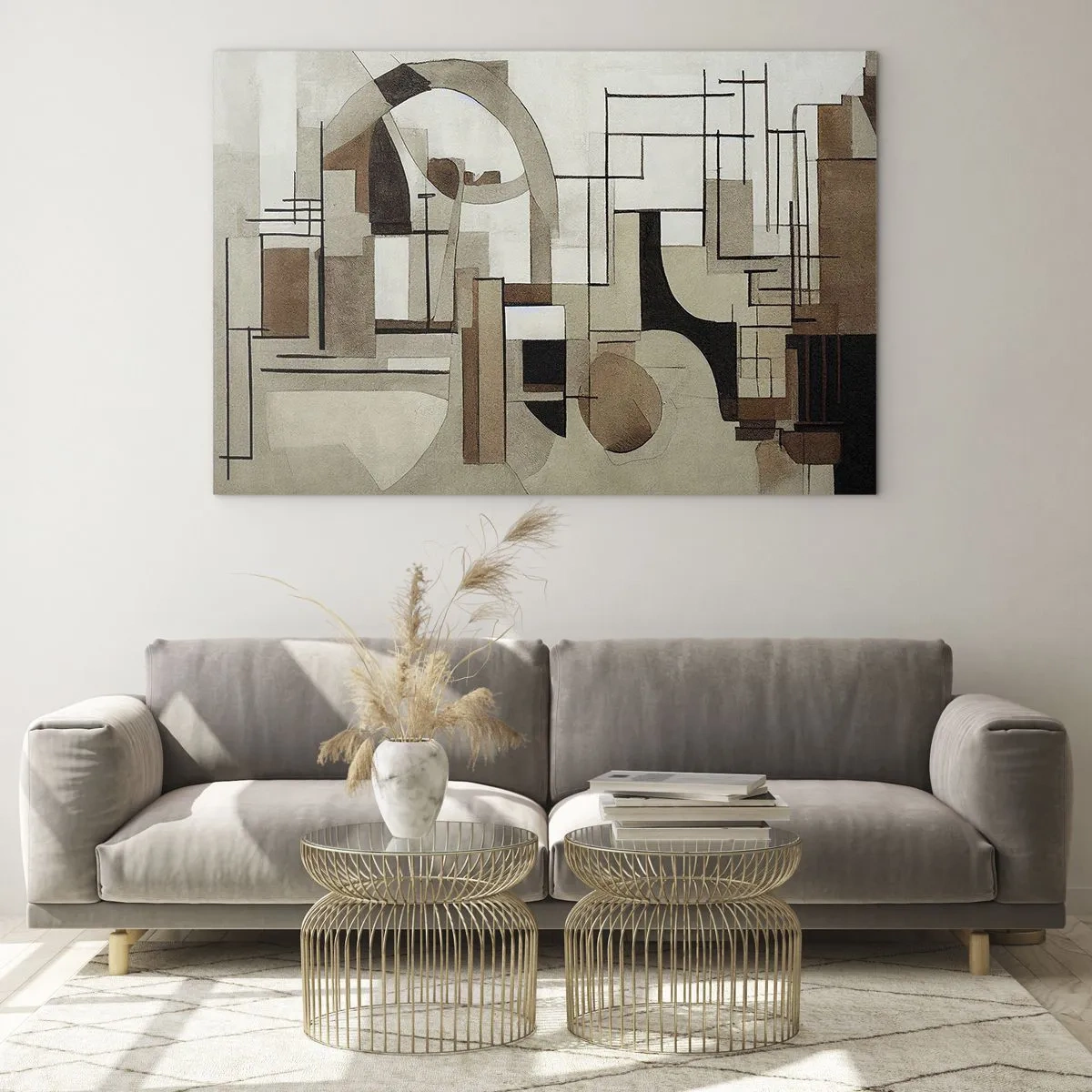 Cuadro sobre vidrio - Impresiones sobre Vidrio - Paisaje geométrico en tonos marrones y beige. - 70x50cm - Paisaje urbano 2.0 - Decoración de pared moderna para salón y dormitorio ARTTOR