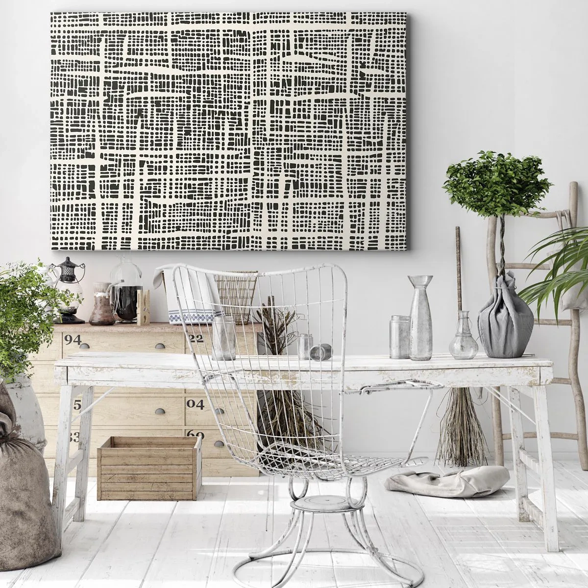Cuadro sobre lienzo - Impresión de Imagen - Un patrón geométrico que se asemeja a una cuadrícula sobre un fondo claro. - 70x50cm - Composición del tejido - Decoración de pared moderna para salón y dormitorio ARTTOR