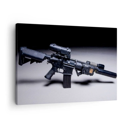 Cuadro sobre lienzo - Impresión de Imagen - Un rifle moderno en negro sobre un fondo oscuro. - 70x50cm - Un caballero oscuro - Decoración de pared moderna para salón y dormitorio ARTTOR