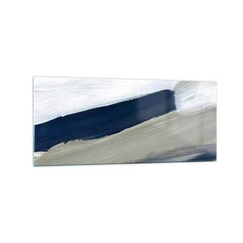 Cuadro sobre vidrio - Impresiones sobre Vidrio - Pinceladas abstractas en tonos azules y grises - 120x50cm - Encuentro con el blanco - Decoración de pared moderna para salón y dormitorio ARTTOR