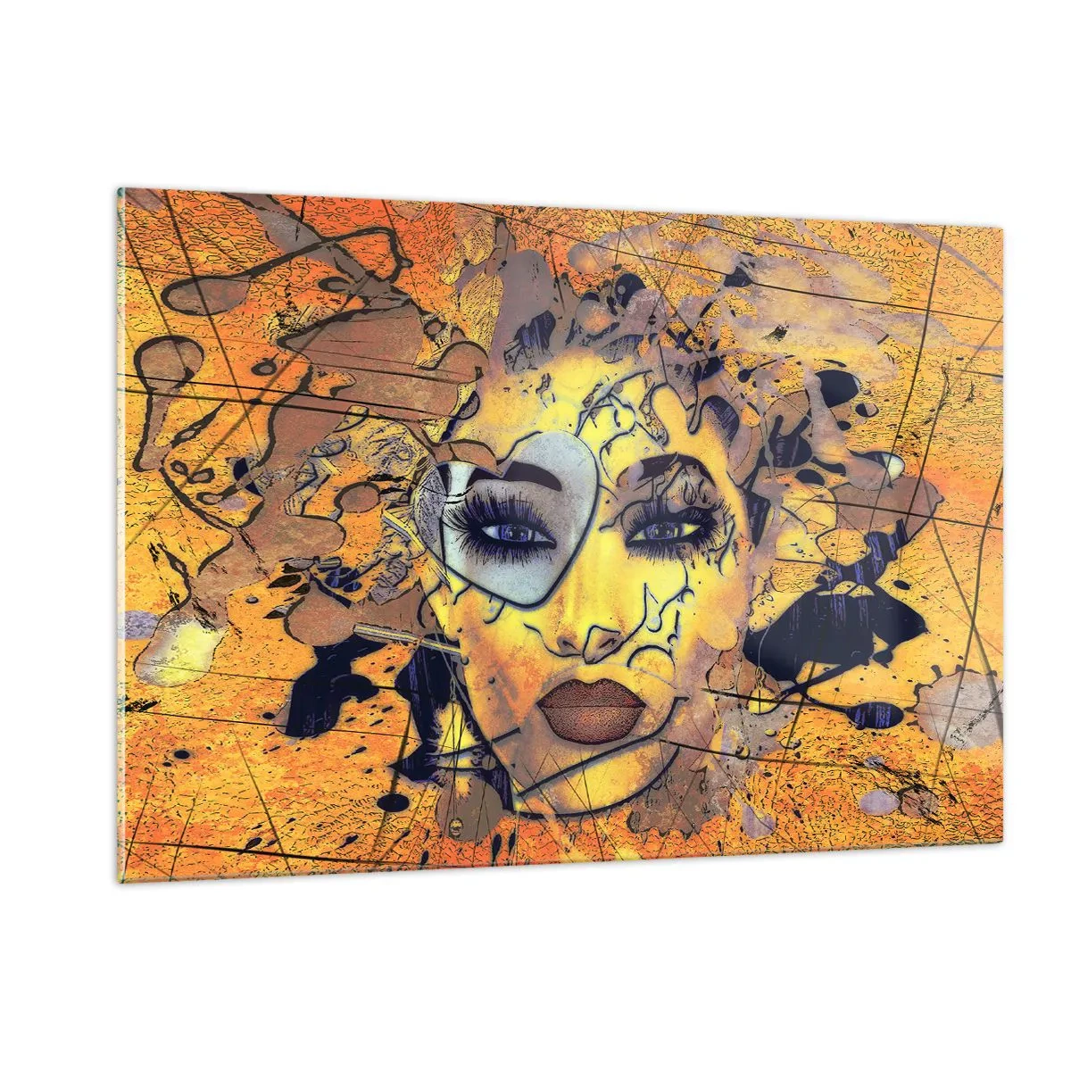 Cuadro sobre vidrio - Impresiones sobre Vidrio - Rostro de mujer abstracto en tonos dorados y anaranjados - 120x80cm - La belleza del sol - Decoración de pared moderna para salón y dormitorio ARTTOR