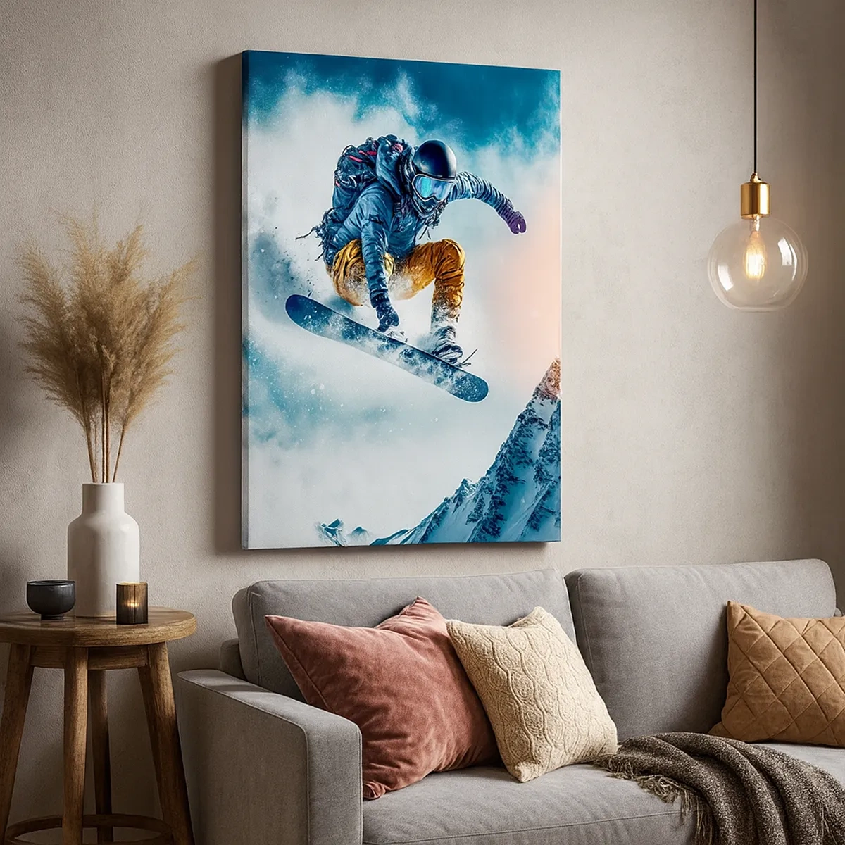 Cuadro sobre lienzo - Impresión de Imagen - Un snowboarder vuela sobre montañas nevadas. - 50x70cm - Emociones extremas - Decoración de pared moderna para salón y dormitorio ARTTOR