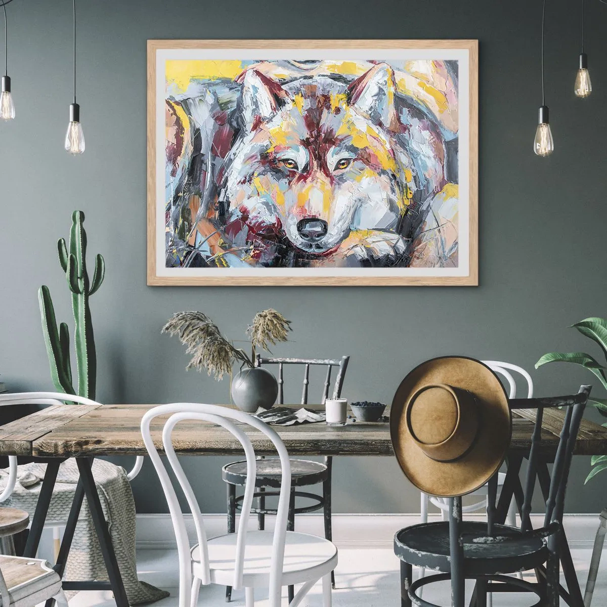 Póster en marco roble claro - Pinceladas de lobo - 70x50 cm