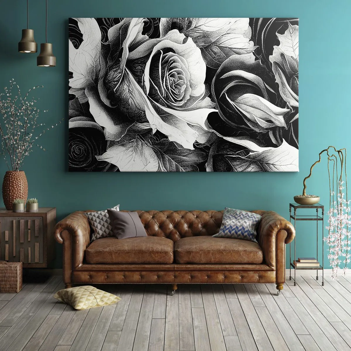 Cuadro sobre lienzo - Impresión de Imagen - Rosas blancas y negras en una elegante composición. - 70x50cm - Siempre como una reina - Decoración de pared moderna para salón y dormitorio ARTTOR