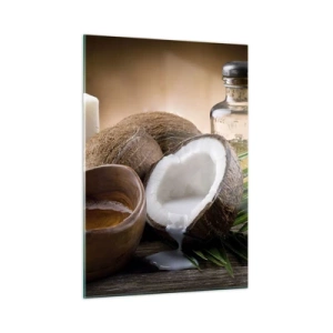 Cuadro sobre vidrio - Impresiones sobre Vidrio - Ingredientes naturales con coco y aceite sobre fondo de madera. - 50x70cm - Salud de las islas tropicales - Decoración de pared moderna para salón y dormitorio ARTTOR