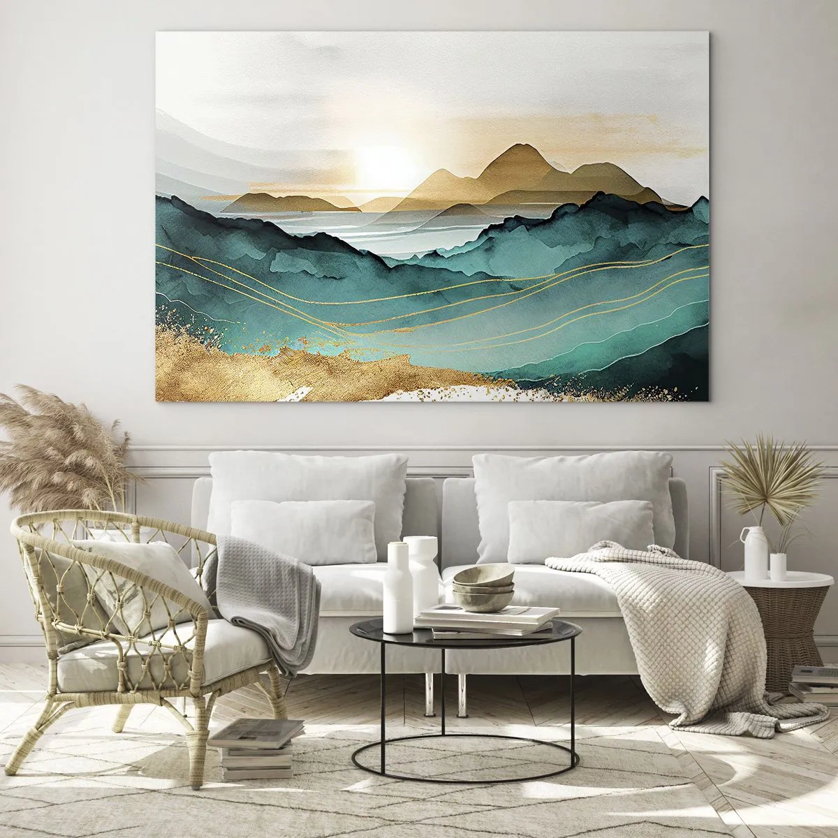 Cuadro sobre vidrio - Impresiones sobre Vidrio - Un paisaje de montaña dorado y turquesa en estilo acuarela. - 70x50cm - Al borde de la abstracción - paisaje - Decoración de pared moderna para salón y dormitorio ARTTOR