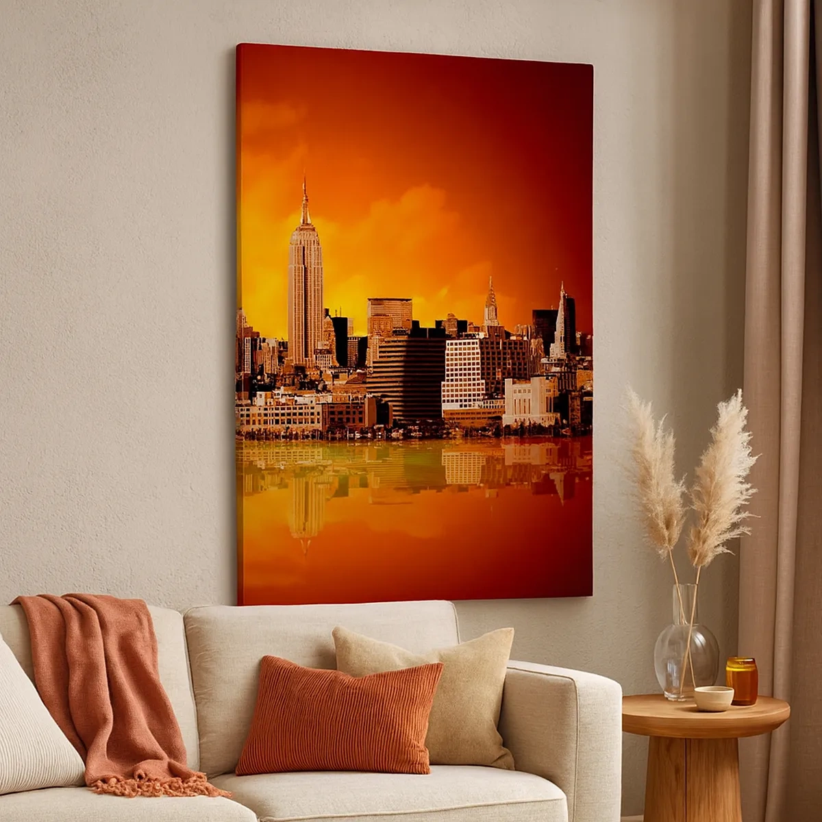 Cuadro sobre lienzo - Impresión de Imagen - Panorama de la ciudad al atardecer con edificios reflejados en el agua. - 50x70cm - Un panorama de la ciudad en amarillo y marrón - Decoración de pared moderna para salón y dormitorio ARTTOR