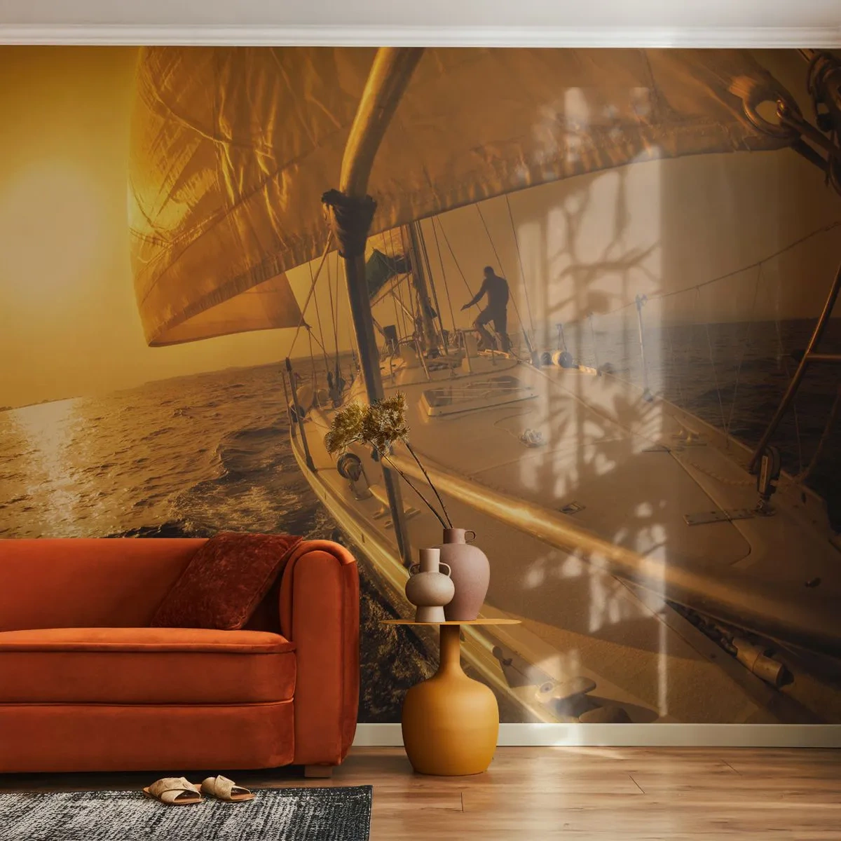 Fotomural Autadhesivo Deluxe Sticker - Atardecer dorado tras un día multicolor - estudios marítimos, Velero, Viajes - 200x140 cm
