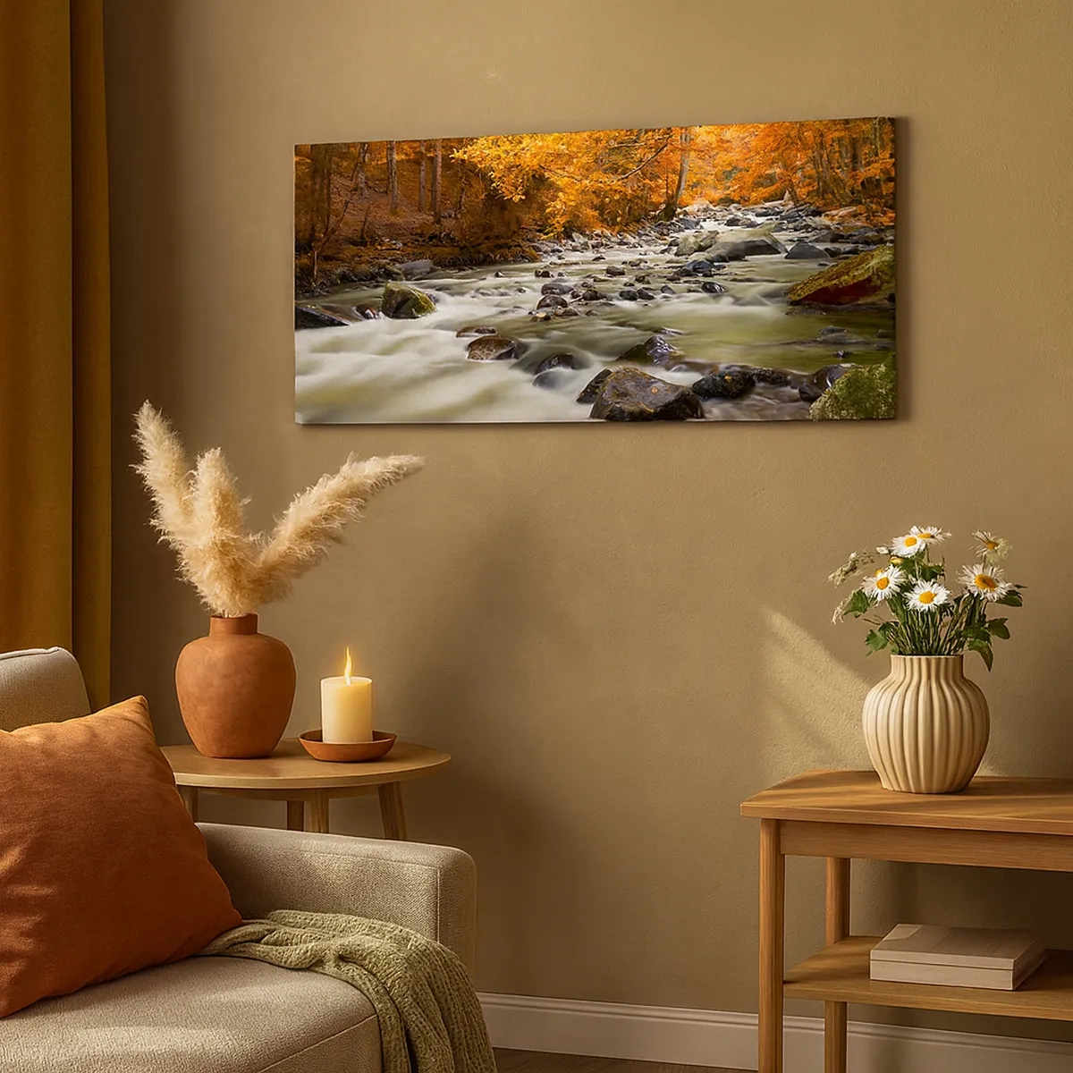 Cuadro sobre lienzo - Impresión de Imagen - Un arroyo en un bosque dorado - 30x30 cm