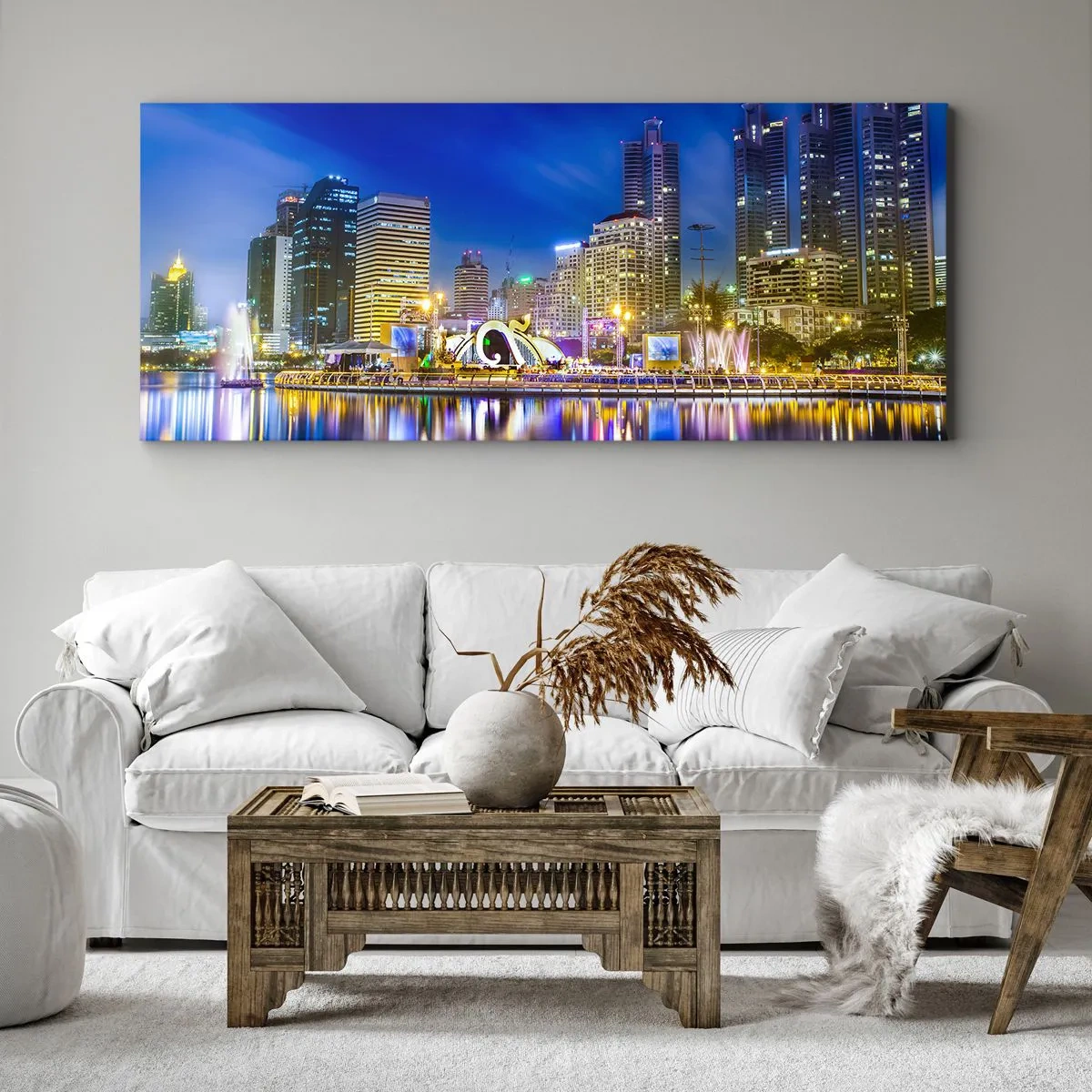 Cuadro sobre lienzo - Impresión de Imagen - Panorama nocturno de la ciudad con luces reflejadas en el agua. - 160x50cm - La noche del arco iris de la metrópoli - Decoración de pared moderna para salón y dormitorio ARTTOR