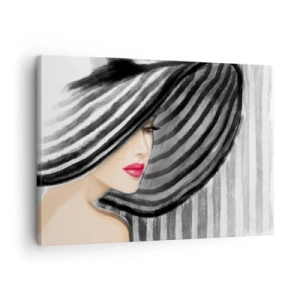 Cuadro sobre lienzo - Impresión de Imagen - Mujer con un sombrero blanco y negro con acento rojo. - 70x50cm - ¿Dónde puedo encontrarte? - Decoración de pared moderna para salón y dormitorio ARTTOR