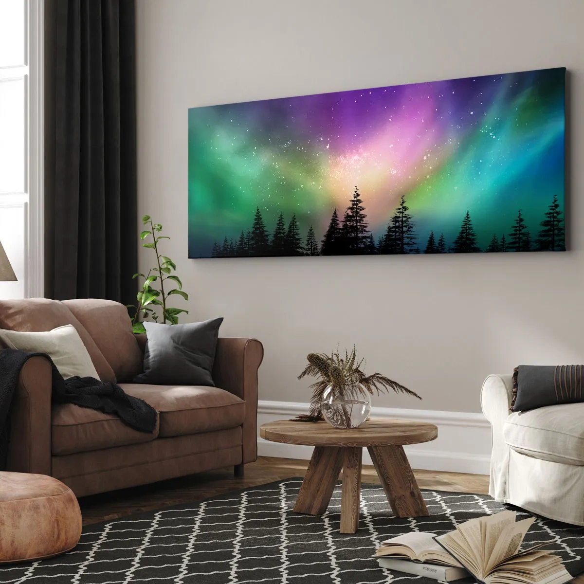 Cuadro sobre lienzo - Impresión de Imagen - Aurora boreal sobre un bosque con cielo estrellado - 120x50cm - Magia blanca - Decoración de pared moderna para salón y dormitorio ARTTOR