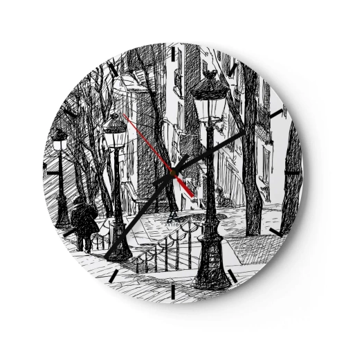 Reloj de pared - Reloj de vidrio - Un dibujo en blanco y negro de una calle con linternas y una figura caminando. - 30x30cm - ¿Una historia de amor o de terror? - Decoración de pared moderna para salón, cocina y dormitorio ARTTOR