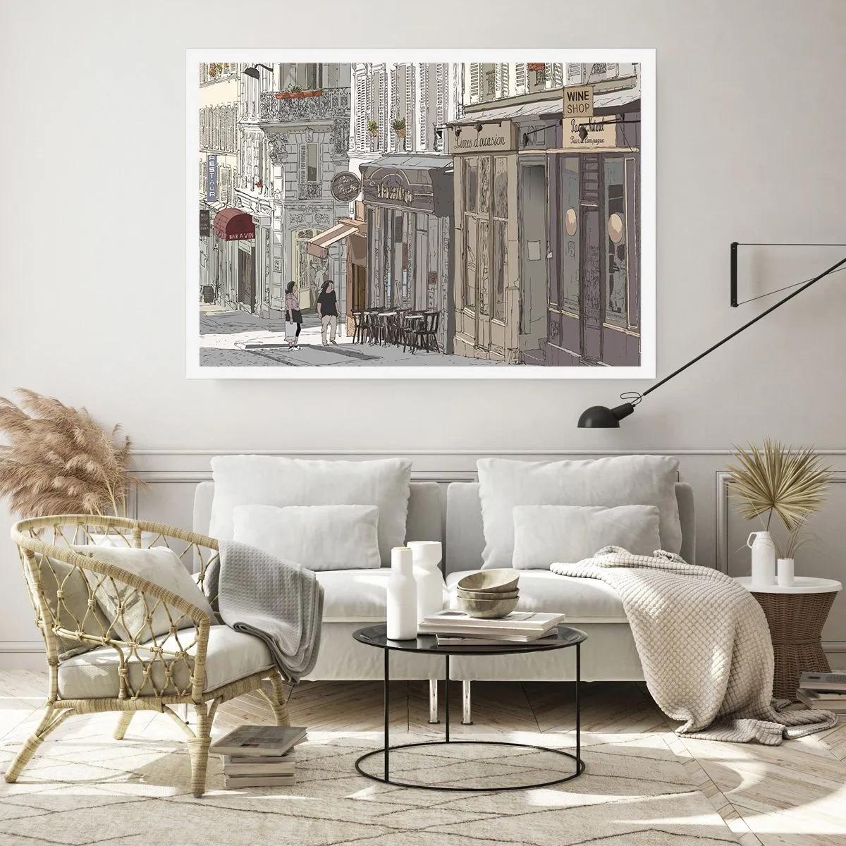 Póster - Ilustración de una calle de la ciudad con cafés y tiendas. - 100x70cm - Alegrías urbanas - Decoración de pared moderna para salón y dormitorio ARTTOR