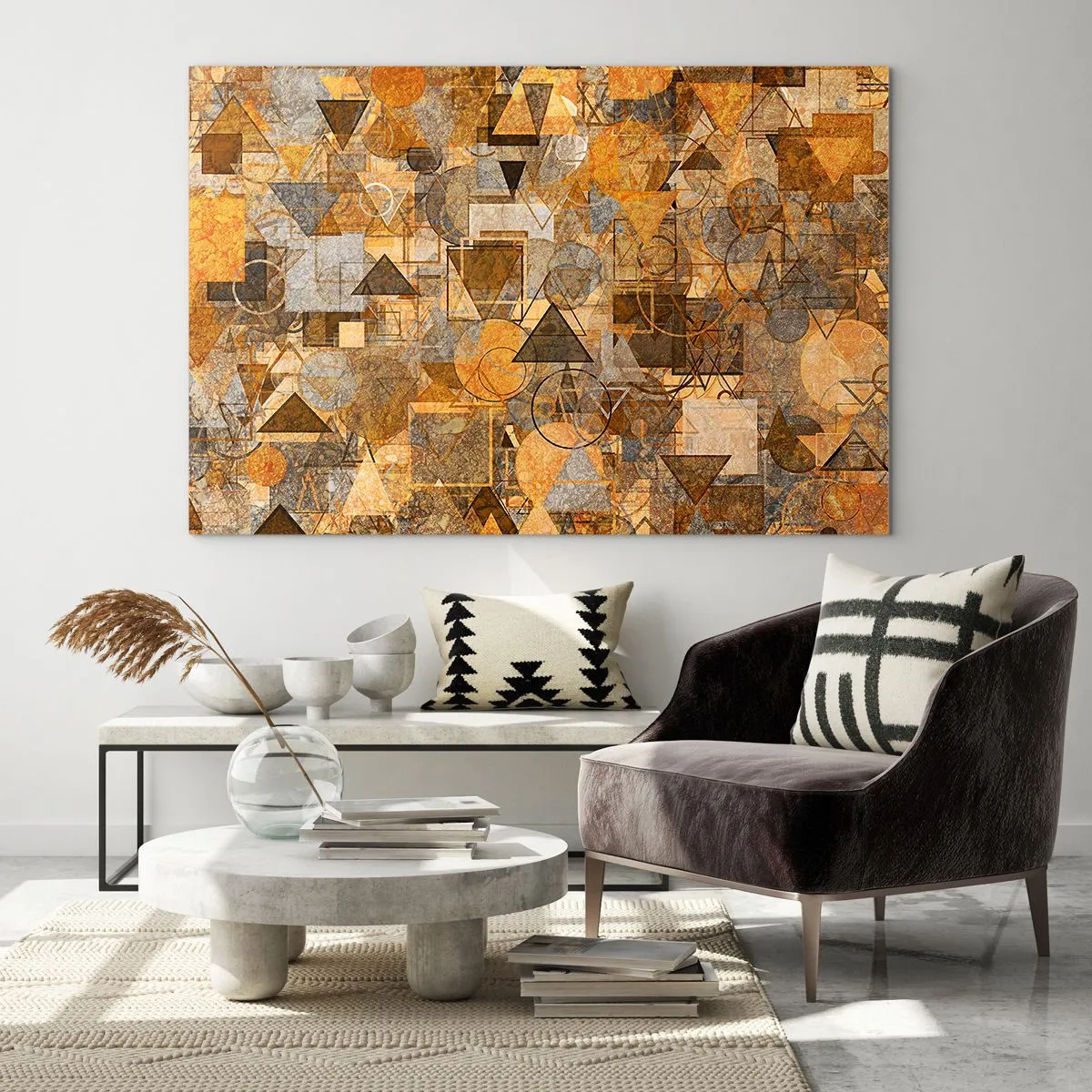 Cuadro sobre vidrio - Impresiones sobre Vidrio - Composición geométrica abstracta en tonos cálidos. - 70x50cm - El mundo en formas - Decoración de pared moderna para salón y dormitorio ARTTOR