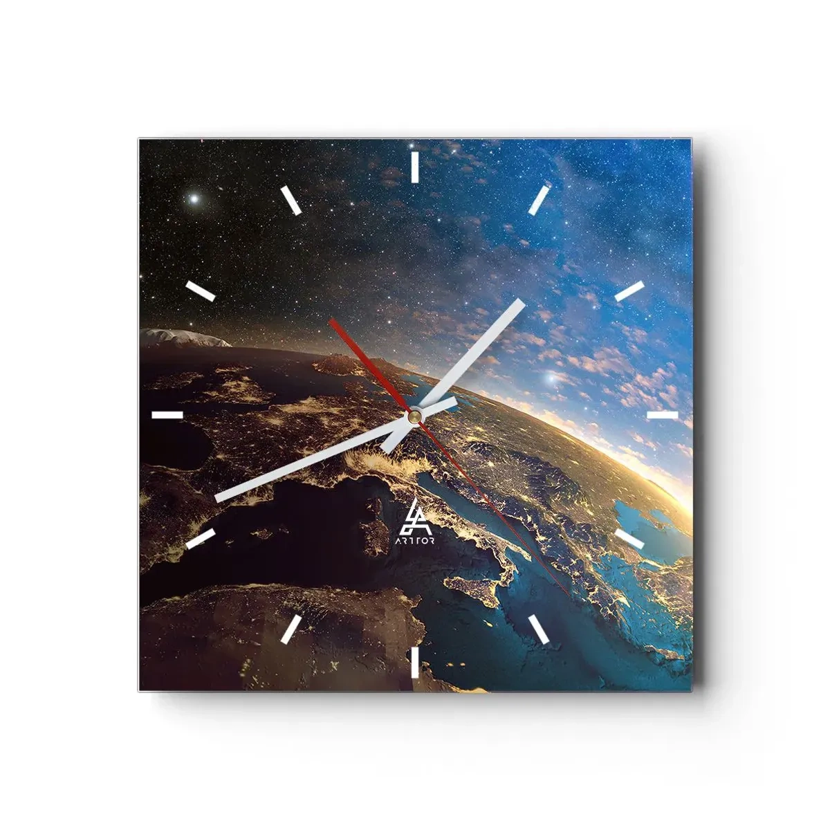 Reloj de pared - Reloj de vidrio - Vista de la Tierra desde el espacio al amanecer - 30x30cm - Mirémonos a nosotros mismos desde la distancia - Decoración de pared moderna para salón y dormitorio ARTTOR