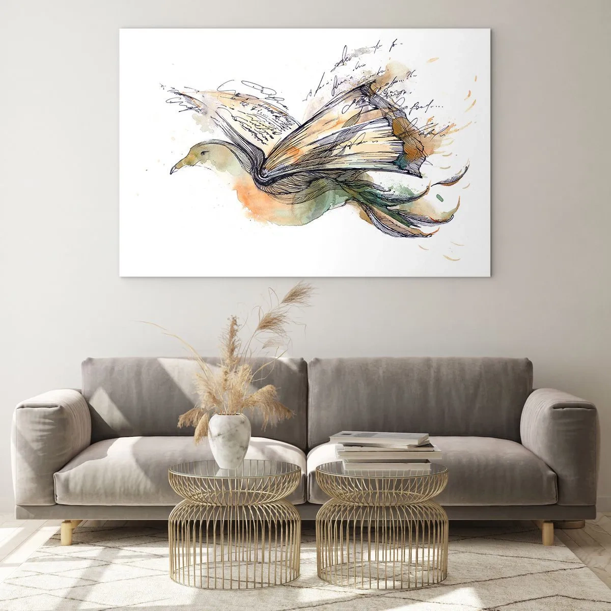 Cuadro sobre vidrio - Impresiones sobre Vidrio - Un pájaro de un libro desenrollado, una metáfora artística del conocimiento. - 120x80cm - En las alas de la poesía - Decoración de pared moderna para salón y dormitorio ARTTOR