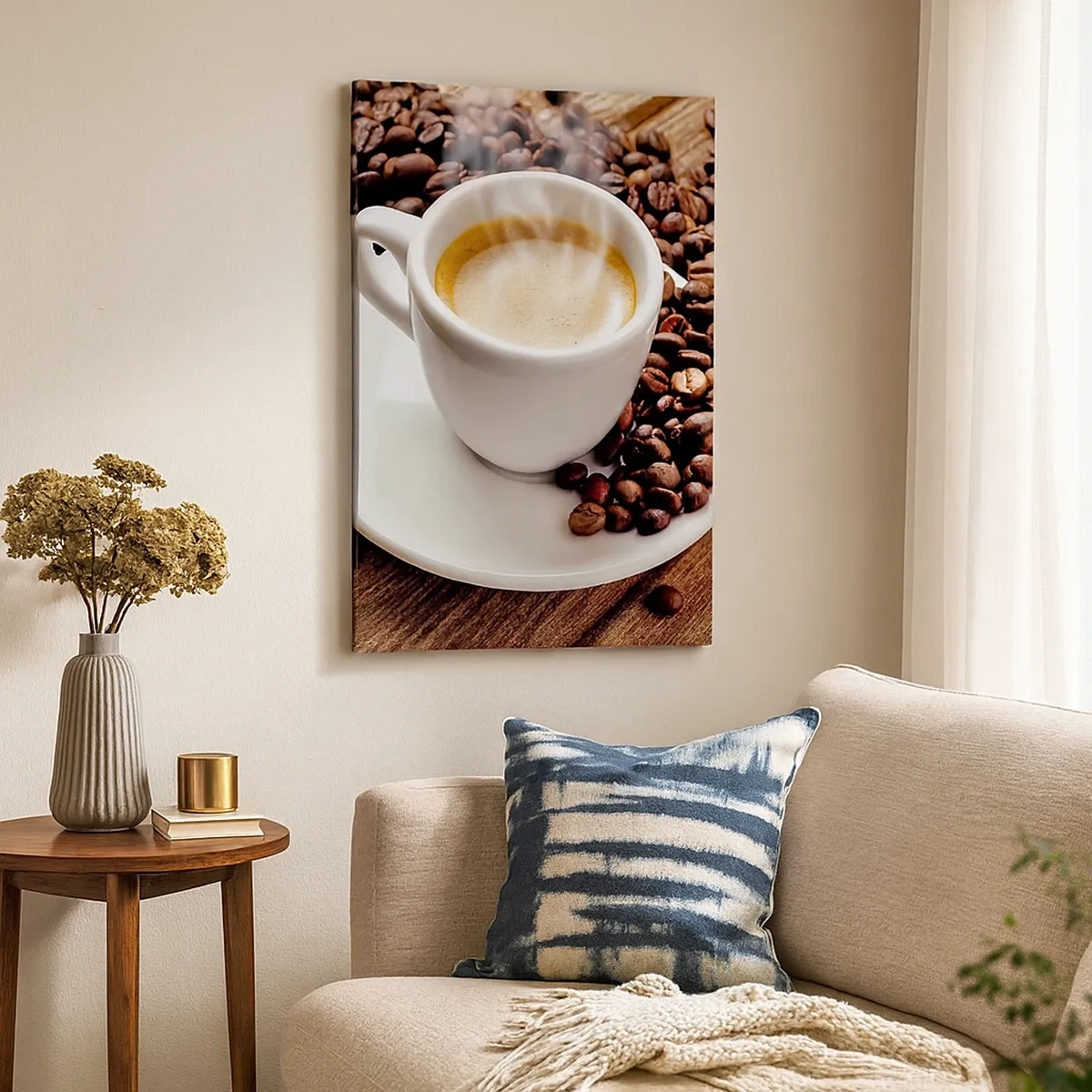 Cuadro sobre lienzo - Impresión de Imagen - Una taza de café aromático sobre un fondo de granos y una hoja. - 50x70cm - Café en el banco - Decoración de pared moderna para salón y dormitorio ARTTOR