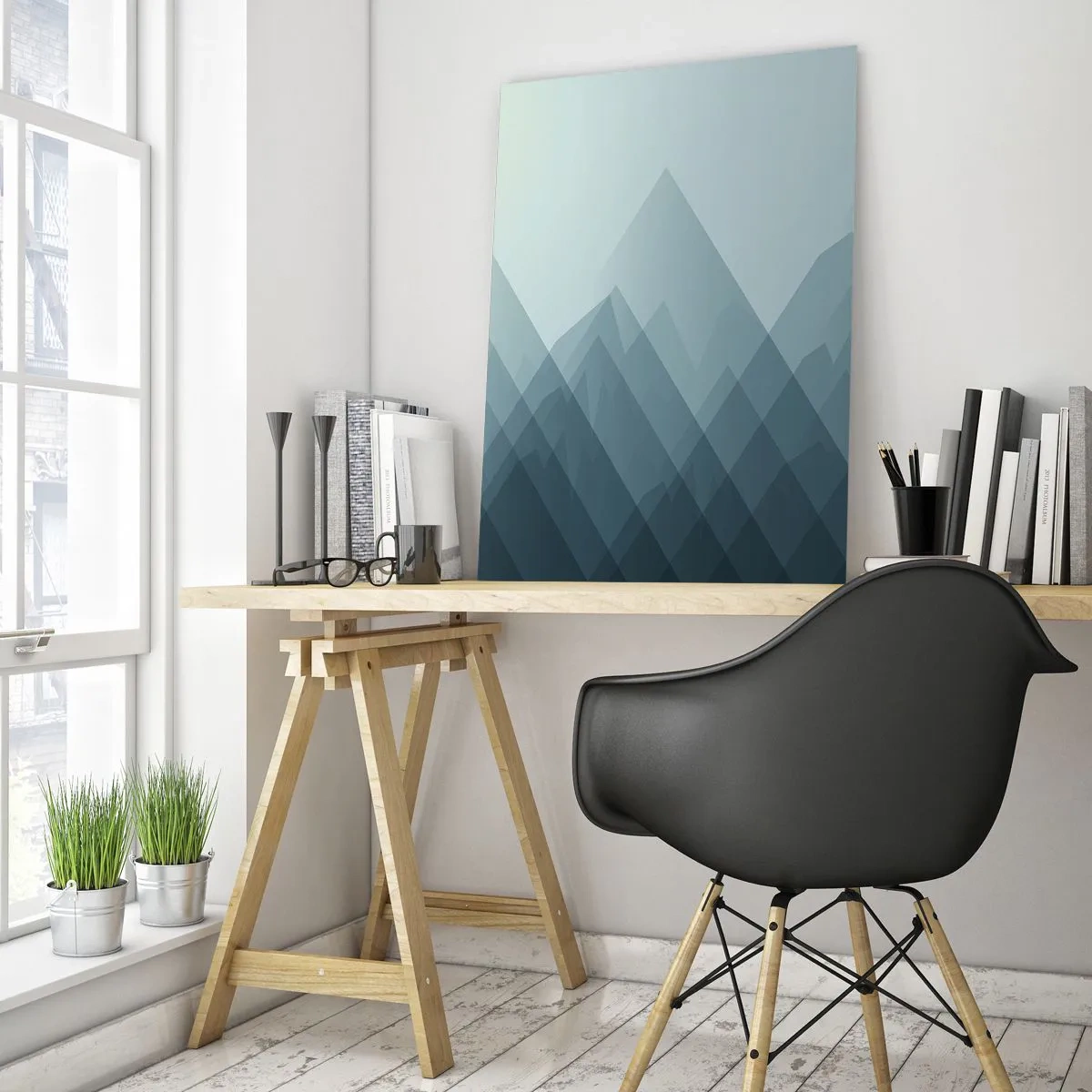 Cuadro sobre vidrio - Impresiones sobre Vidrio - Gráficos de montaña minimalistas en tonos azules. - 80x120cm - Grande, mayor, el mayor - Decoración de pared moderna para salón y dormitorio ARTTOR