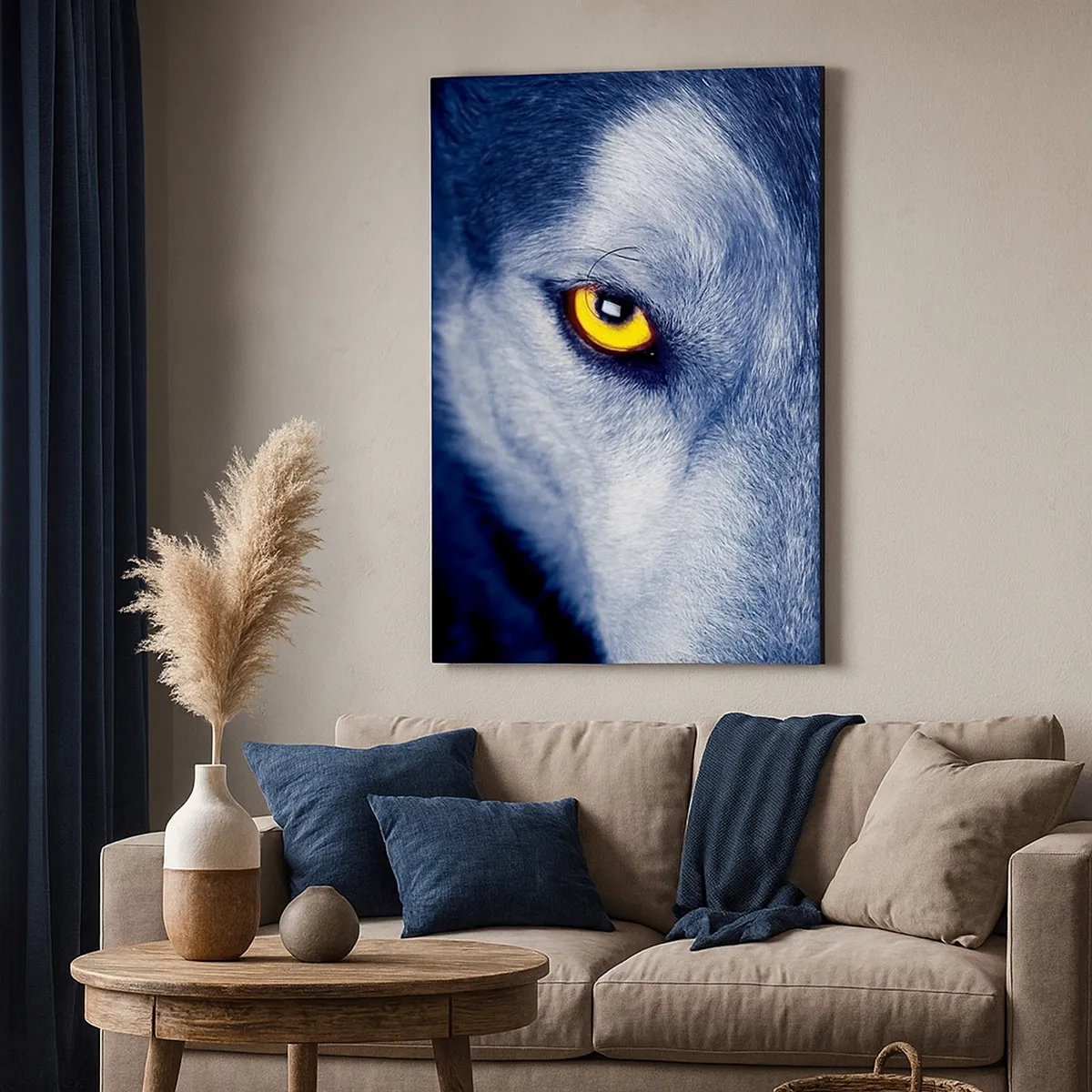 Cuadro sobre lienzo - Impresión de Imagen - Primer plano de la intensa mirada de un lobo sobre un fondo oscuro. - 50x70cm - La mirada hipnótica - Decoración de pared moderna para salón y dormitorio ARTTOR