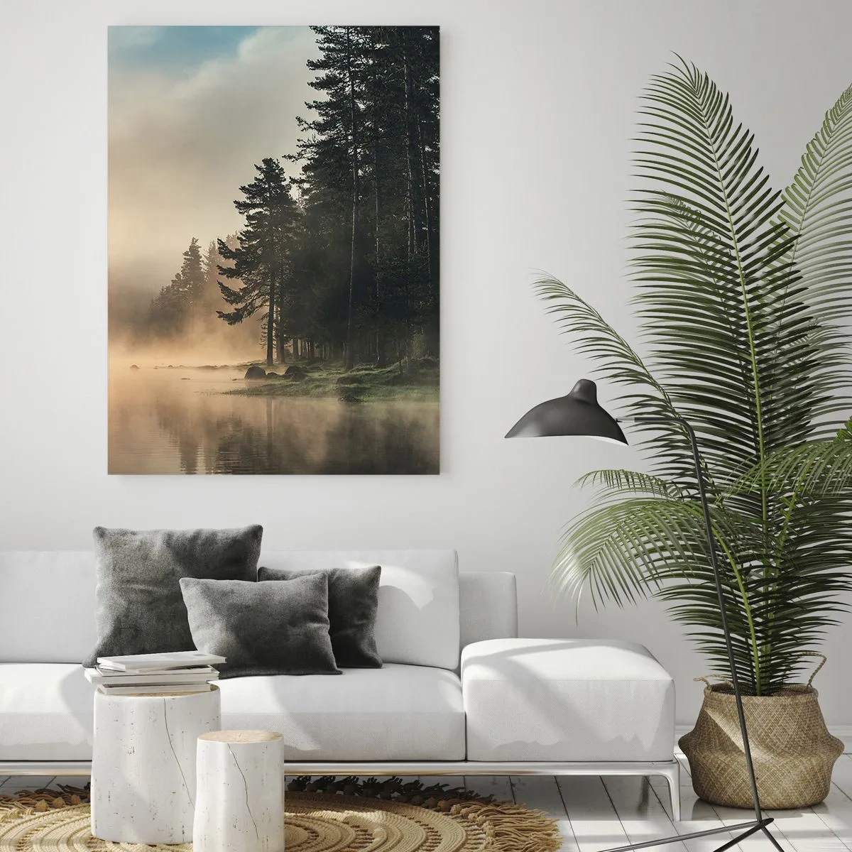 Cuadro sobre vidrio - Impresiones sobre Vidrio - Una mañana brumosa sobre un lago del bosque. - 50x70cm - El nacimiento de un día - Decoración de pared moderna para salón y dormitorio ARTTOR